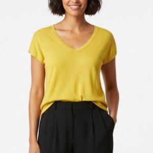 Eileen Fisher Gold Yellow Organic Linen V-Neck Cap Sleeve Lightweight Sweater S
